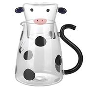 Jetcloud Glass Water Jug with Tumbler 500ml V-Shaped Spout Heat Resistant Cute Clear Cow Glass Pitcher Portable Bedside All in One Carafe and Cup Set for Tea Milk Water Coffee