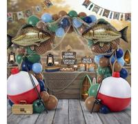 Jetec 148 Pcs Gone Fishing Party Decorations Set Including Inflatable Fishing Bobber Ball Fish Balloons Fish Net Green and Blue Balloons for Fishermen Birthday Party Yard Decoration