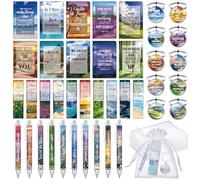 Jetec 150 Bible Verses Gift Set for 30 Christian Bookmarks 30 Scripture Ballpoint Pens 30 Christian Notebooks 30 Bible Verse Keychain 30 White Organza Bags for Women Men Office Church(Scenery)