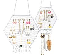 Jetec 2 Pcs Earring Wall Holder Wall Mounted Earring Organizer Hanging Jewelry Stand Decorative Diamond Grid Shape Display Rack with Hooks for Earrings Necklace Bracelet(White)