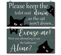 Jetec 2 Pcs Funny Black Cat Wood Wall Decor Retro Bathroom Sign Gift for Christmas Were You Attempting to Use The Bathroom Alone Put The Toilet Seat Down Hanging Art Vintage Sign
