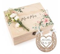 Jetec 2 Pcs Wooden Wedding Keepsake Box and Horseshoe Ornament, Mr & Mrs | Floral Rustic Design, Heart Horseshoe Ornament with Ribbon, Memory Storage for Couples, Gift for Bride and Groom