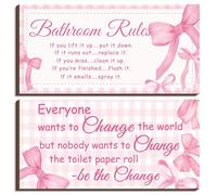 Jetec 2 Pieces Funny Bathroom Signs Bathroom Wall Decor Toilet Wall Accessories Farmhouse Toilet Rustic Wooden Signs(Pink Bow Style)
