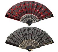 Jetec 2 Pieces of Sequin Fabric Folding Lace Trim Fabric Handheld Folding Fan for Flamenco Dancer Dancing 1920s Women Costume Decoration(Red, Black)