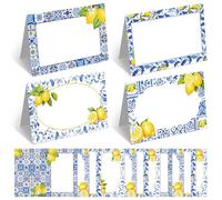 Jetec 48 Pcs Capri Lemon Place Cards Yellow and Blue Tile Table Name Cards Tent Placard Buffet Food Label for Table Setting Birthday Bridal Shower Italy Yellow Lemon and Amalfi Coast Party Decoration
