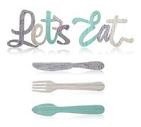 Jetec 5 Pcs Let's Eat Sign Kitchen Wall Decor Fork Spoon Knife Kitchen Decor Sign Rustic Farmhouse Wooden Wall Decorations for Home Dining Room Bar Cafe Restaurant(Gray, Beige, Green)