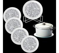 Jetec 6 Pcs Crystal Coasters with Holder, 7" Round Mirrored,Silver