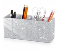 Jetec Acrylic Glitter Pen Holder Bling Desk Organizer for Women Girly Desk Accessories Shiny Makeup Brush Pencil Holder with 4 Slots Sparkly Desktop Workplace Office Study Room Decoration(Sliver)
