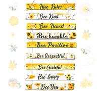 Jetec Bee Hive Rules Sign Wooden Bee Classroom Wall Decor Summer Inspirational Daisy Sunflower Honey Sign 11.8" x 19.7" for Kitchen Office Home Farmhouse Bathroom(White, Yellow)