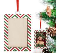 Jetec Christmas Photo Frame Ornaments 2 x 3 Inch Red Green White Stripes Wooden Holiday Picture Frame Ornaments Festive Xmas Gift for Family Friends Vintage Decorations for Home Xmas Tree Party Decor