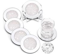 Jetec Crushed Diamond Decoration Glass Coaster Coasters Set of 6 with 1 Holder, Crystal Mirrored Coasters Glitter Crushed Diamond Decoration Rhinestone for Kitchen Bar Home(White,4 Inch)