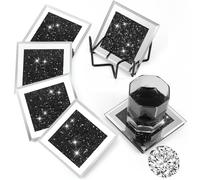 Jetec Crushed Diamond Home Decoration Glass Coaster Set of 6 with 1 Holder, Crystal Mirrored Diamond Coasters Housewarming Gifts for Home Kitchen Bar Table(Black)