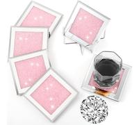 Jetec Crushed Diamond Home Decoration Glass Coaster Set of 6 with 1 Holder, Crystal Mirrored Diamond Coasters Housewarming Gifts for Home Kitchen Bar Table(Pink)