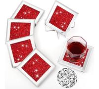 Jetec Crushed Diamond Home Decoration Glass Coaster Set of 6 with 1 Holder, Crystal Mirrored Diamond Coasters Housewarming Gifts for Home Kitchen Bar Table(Red)