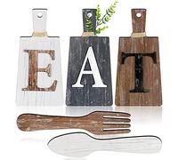Jetec Cutting Board Eat Sign Set Hanging Art Kitchen Eat Sign Farmhouse Fork and Spoon Wall Decor Rustic Primitive Country Kitchen Decor for Home over Cabinet Decoration(White, Grey, Dark Brown)