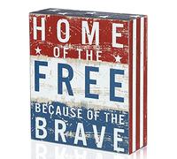 Jetec Independence Day Wooden Block Patriotic Wood Box Sign America Rustic Table Sign, Home of The Free Because of The Brave, for Home Decor Table Decor Bedroom Living Room Party