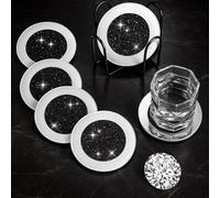 Jetec Mirrored Glass Coaster Set of 6 with 1 Holder 4" Crushed Diamond Round Cup Mat Glitter Crystal Rhinestone Glass Coaster Bling Table Decor for Bar Kitchen Gift for Christmas(Black,4 Inch)
