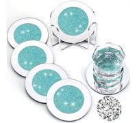 Jetec Mirrored Glass Coaster Set of 6 with 1 Holder 4" Crushed Diamond Round Cup Mat Glitter Crystal Rhinestone Glass Coaster Bling Table Decor for Bar Kitchen Gift for Christmas(Mint Green,4 Inch)