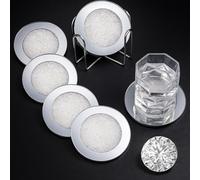 Jetec Mirrored Glass Coaster Set of 6 with 1 Holder 4" Crushed Diamond Round Cup Mat Glitter Crystal Rhinestone Glass Coaster Bling Table Decor for Bar Kitchen Gift for Christmas(White,4 Inch)