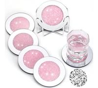 Jetec Mirrored Glass Coaster Set of 6 with 1 Holder 4" Crushed Diamond Round Cup Mat Glitter Crystal Rhinestone Glass Coaster Bling Table Decor for Bar Kitchen Gift for Christmas(Pink,4 Inch)
