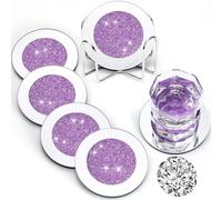Jetec Mirrored Glass Coaster Set of 6 with 1 Holder 4" Crushed Diamond Round Cup Mat Glitter Crystal Rhinestone Glass Coaster Bling Table Decor for Bar Kitchen Gift for Christmas(Purple,4 Inch)