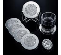 Jetec Mirrored Glass Coaster Set of 6 with 1 Holder 4" Crushed Diamond Round Cup Mat Glitter Crystal Rhinestone Glass Coaster Bling Table Decor for Bar Kitchen Gift for Christmas(Silver,4 Inch)