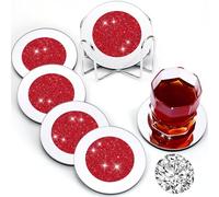 Jetec Mirrored Glass Coaster Set of 6 with 1 Holder 4" Crushed Diamond Round Cup Mat Glitter Crystal Rhinestone Glass Coaster Bling Table Decor for Bar Kitchen Gift for Christmas(Red,4 Inch)