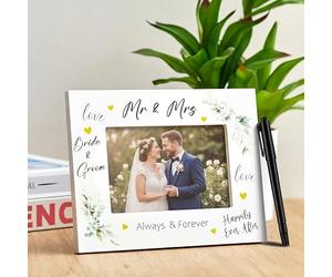 Jetec Mr & Mrs Photo Frame Set with Marker Pen Wedding Gifts Wooden 4 x 6 Inches Picture Frame with Eucalyptus Leaves for Bride and Groom Couple Wedding Anniversary