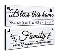 Jetec Wooden Family Signs Rustic Bless This Home Wood Family Decor Wall Art Farmhouse Entryway Decoration for Bedroom Living Room Office, 13.8 x 4.7 Inch (White)