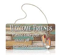 Jetec Wooden Hanging Shoes Off Sign Please Take Your Shoes Off and Stay Awhile Sign 9.8 x 5.1 Inch for Wall Art Home Decor