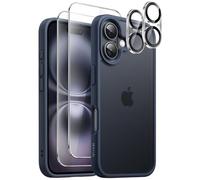 JETech 5 in 1 Matte Case for iPhone 16 6.1-Inch with 2-Pack Each Tempered Glass Screen Protector and Camera Lens Protector, Translucent Back Shockproof Phone Cover (Storm Blue)
