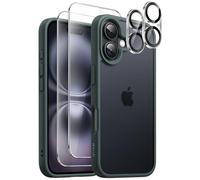JETech 5 in 1 Matte Case for iPhone 16 6.1-Inch with 2-Pack Each Tempered Glass Screen Protector and Camera Lens Protector, Translucent Back Shockproof Phone Cover (Dark Green)
