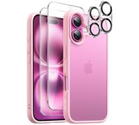JETech 5 in 1 Matte Case for iPhone 16 6.1-Inch with 2-Pack Each Tempered Glass Screen Protector and Camera Lens Protector, Translucent Back Shockproof Phone Cover (Light Pink)