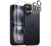 JETech 5 in 1 Matte Case for iPhone 16 6.1-Inch with 2-Pack Each Tempered Glass Screen Protector and Camera Lens Protector, Translucent Back Shockproof Phone Cover (Black)