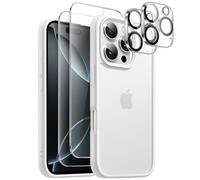 JETech 5 in 1 Matte Case for iPhone 16 Pro 6.3-Inch with 2-Pack Each Tempered Glass Screen Protector and Camera Lens Protector, Translucent Back Shockproof Phone Cover (White Titanium)