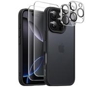 JETech 5 in 1 Matte Case for iPhone 16 Pro 6.3-Inch with 2-Pack Each Tempered Glass Screen Protector and Camera Lens Protector, Translucent Back Shockproof Phone Cover (Black)