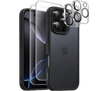 JETech 5 in 1 Matte Case for iPhone 16 Pro Max 6.9-Inch with 2-Pack Each Tempered Glass Screen Protector and Camera Lens Protector, Translucent Back Shockproof Phone Cover (Black)