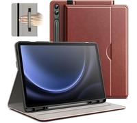 JETech Case for Samsung Galaxy Tab S9 FE+ / S9 FE Plus 12.4-Inch with S Pen Holder, PU Leather Business Folio Stand Protective Tablet Cover with Pocket & Straps, Multi-Angle Viewing (Brown)