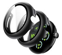 JETech Case with Screen Protector for Google Pixel Watch 3/2/1 41mm, Built-in 9H Tempered Glass Film Hard PC Bumper Full Coverage Protective Cover, 2-Pack (Black/Black)