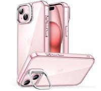 JETech Kickstand Case for iPhone 15 6.1-Inch, Built-in Camera Ring Stand, Non-Yellowing Shockproof Phone Bumper Cover, Anti-Scratch Clear Back (Pink)
