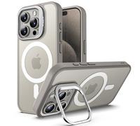 JETech Kickstand Case for iPhone 15 Pro 6.1-Inch Compatible with MagSafe, Built-in Adjustable Camera Stand, Translucent Matte Magnetic Back Slim Shockproof Phone Cover (Natural Titanium)