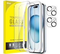 JETech Screen Protector for iPhone 15 Plus 6.7-Inch with Camera Lens Protector, Easy Installation Tool, Tempered Glass Film, HD Clear, 2-Pack Each