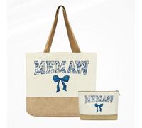Jeteman Memaw Gifts, Memaw Tote Bag, Birthday Christmas Retirement Appreciation Gift for Women Nana Grandma Granny, Reusable Blue Bow Floral Tote Bag and Makeup Bags for Shopping Beach Travel