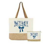 Jeteman Mimi Gifts, Mimi Bag, Gifts for Mimis, Birthday Christmas Retirement Appreciation Gift for Women Grandma Nana Gigi Grammy, Reusable Blue Bow Floral Tote Bags and Makeup Bags With Zipper