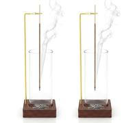 JETHMA 2 Pack Upside Down Incense Holder with Glass Ash Catcher, Premium Walnut Wood Anti-Ash Incense Burner for Sticks, Thickened Glass Zen Decor for Yoga, Spa and Meditation Room (Dark Brown)