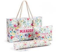 JETHMA 3 Pcs Mahjong Bag Set - Floral Oxford Fabric Storage for American Mahjong, Includes Large Tote, Zipper Tile Pouch & Drawstring Rack/Coin Bag, Waterproof, for Travel, Home(Mixed Color,Style 1)