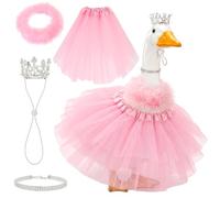 JETHMA Princess Costume Set for Lawn Goose - Crown, Tutu, Rhinestone Necklace & Feather Trim, Waterproof, Fits 23/17 Inch Garden Goose Statue - Birthday Party Garden Décor(Pink)