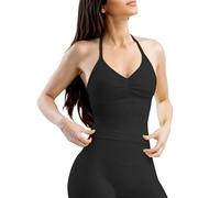 Jetjoy Longline Sports Bras for Women Halter Strappy Tank Top Padded Backless Seamless Gym Bra Yoga Crop Top Black