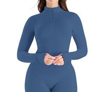 Jetjoy Women's Gym Long Sleeve Workout Tops Running Jackets 1/2 Zip Up with Thumb Holes Lightweight Stretchy Athletic Yoga Tops Blue Grey