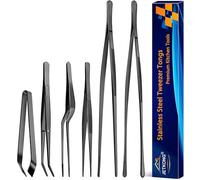 JETKONG 6 Pcs Cooking Tweezer Tongs, 12'' and 6.3" Stainless Steel Kitchen Tweezer Set, Professional Chef Tweezers for Cooking, Repairing, Sea Food, BBQ, Multi-use (Black)